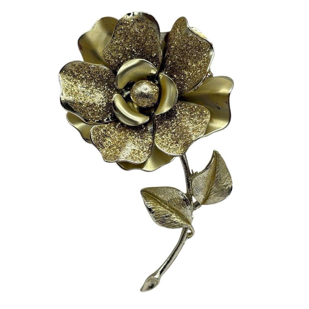 Vintage CORO Flower Brooch‎ Pin 1950s Large Glitter Rose Gold Tone Statement Big